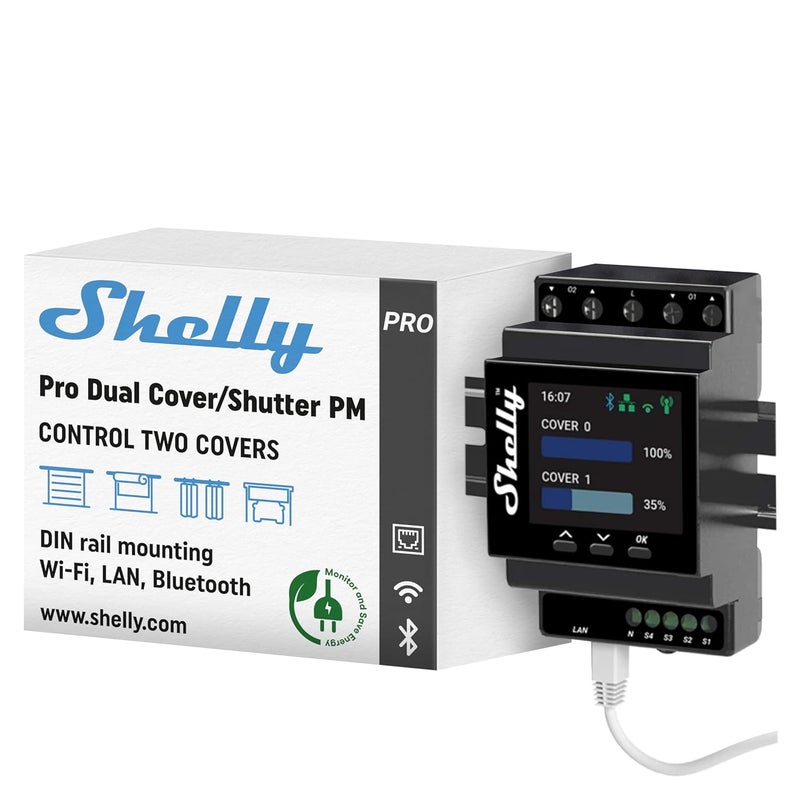 Shelly Pro Dual Cover/Shutter PM | LAN and Wi-Fi Connection, Professional DIN Rail Smart Dual Cover/Shutter Controller with 2 Covers 16 A Each | Home Automation | Precise Power Metering - Image 1